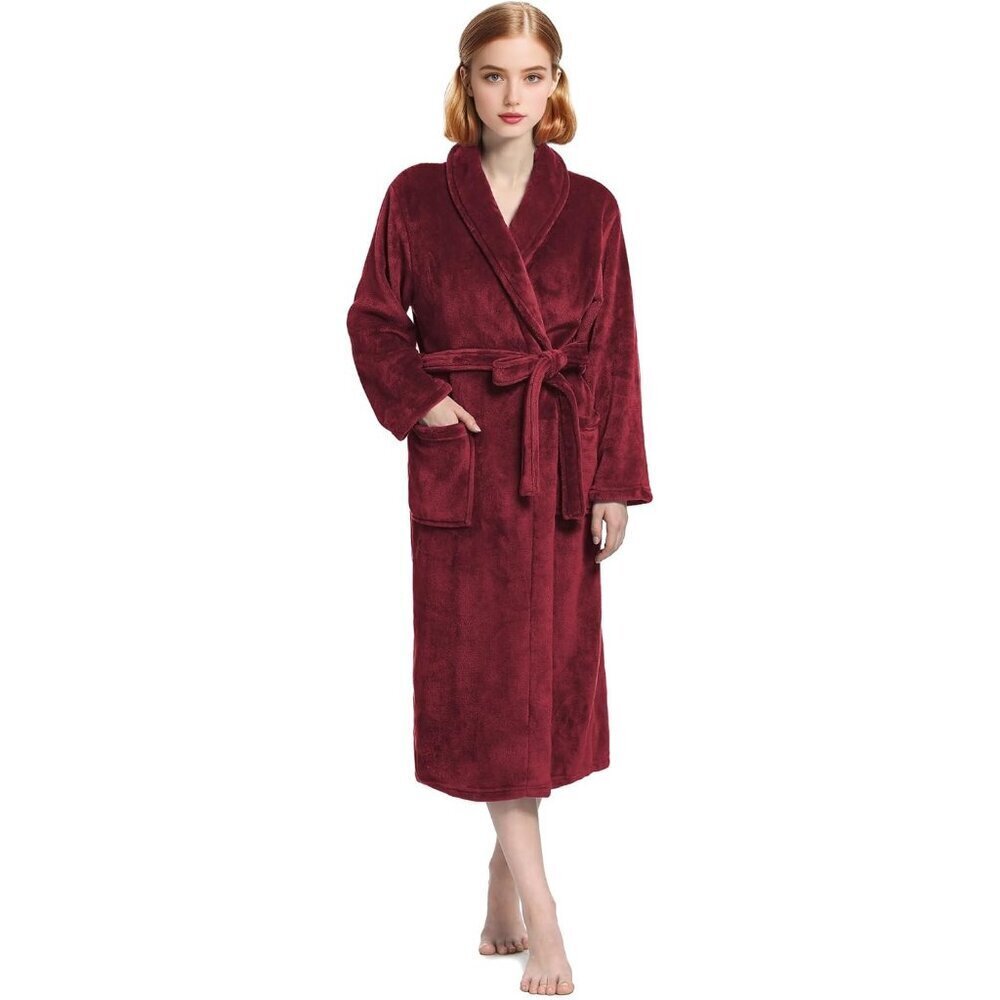 Women's Burgundy Plush Soft Fleece Robe - Premium Cozy Warm Bathrobe